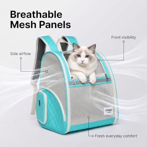 Cat Backpack Carrier for Small Dogs and Medium cat Puppy Kitten Bunny Pet Carrier Backpack Collapsible with Fully Ventilated Mesh with Safety Leash (LightGreen, 12.9" L x 10.62" W x 15.5" H - M)