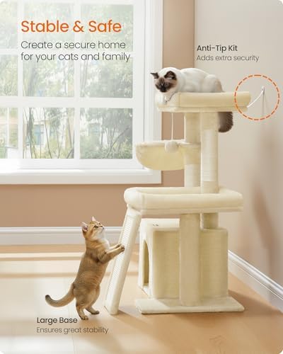 Feandrea Cat Tree, 33.8" Cat Tower Condo, Scratching Posts and Ramp, Beige
