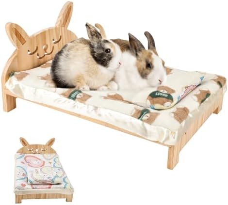 Large Wooden Bunny Bed, 2-in-1 Rabbit Bed with Pillow and Mat