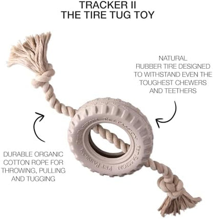 Pet Passion Natural Rubber Tire and Organic Cotton Rope Pull and Chew Dog Toy for All Pet Breeds, Almond Milk, Large
