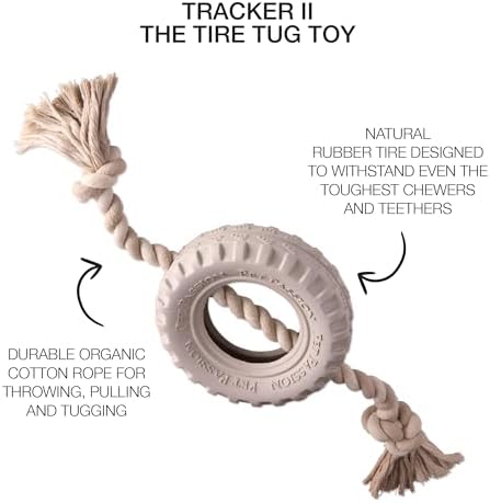 Pet Passion Natural Rubber Tire and Organic Cotton Rope Pull and Chew Dog Toy for All Pet Breeds, Almond Milk, Small