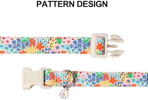 Lionet Paws Floral Dog Collar Summer Wildflowers Cosmos Corn Poppy Collars with White Daisies Pattern Pendant - Female Girl Dog Collar for Small Medium Dogs XS