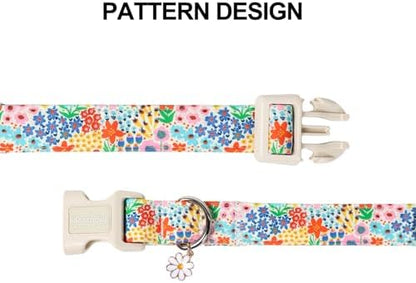 Lionet Paws Floral Dog Collar Summer Wildflowers Cosmos Corn Poppy Collars with White Daisies Pattern Pendant - Female Girl Dog Collar for Small Medium Dogs XS