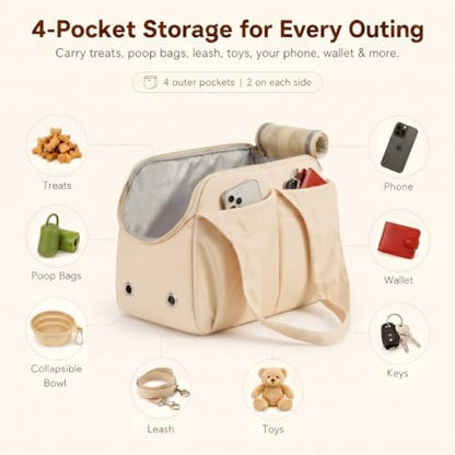 Fashion Dog Purse Carrier for Small Dogs, Soft-Sided Dog Bag Carrier with 4 Large Pockets, No Collapse, Lightweight, Smart Zipper Lock, Comfortable Puppy Cats Rabbit Carrier for Travel,Outdoor(Beige)