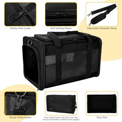 Hipubby Cat Carrier Dog Carrier for Pets Up to 16 Lbs, Soft-Sided Pet Travel Carrier for Cats and Small Dogs, Airline Approved Pet Carrying Case with Shoulder Strap & Removable Mat - Black