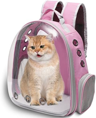 Vivicreate Large Cat Backpack Carrier for Travel and Hiking Transparent Pet Bubble Backpack for Cats up to 20lbs with Ventilation and Padded Straps Mochila para Gatos transportadora mascotas (Pink)