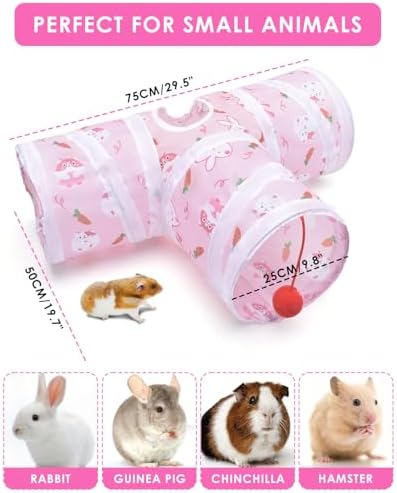 Bissap Rabbit Tunnel, 9.8'' Collapsible Bunny Tunnel and Tube 3 Ways Pet Hideout with 1 Play Ball for Indoor Kittens Dwarf Rabbits Bunnies Guinea Pigs Chinchillas Small Animal Activity Fun Toys (Pink)