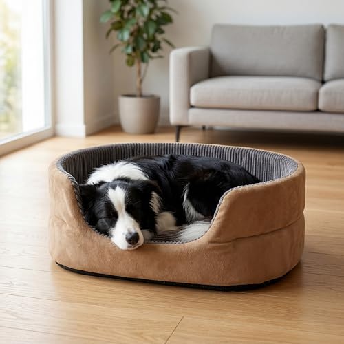 Medium Dog Bed Cat Bed 18x26 Inch, Calming Pet Bed for Dogs & Cats, Machine Washable Dog Bed，Half-Enclosed Open-Top Velvet Anti-Anxiety Bed, Cozy Snuggle Bed (Camel)