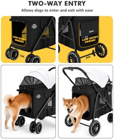 Dog Stroller for Medium Dogs, 4 Wheels Pet Stroller for 2 Small Dogs or 1 Medium Dogs, Cat Stroller Up to 80 lbs, Dual Entry Design, Foldable Design, Sun Shades, Breathable Mesh, Black