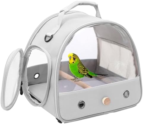 Bird Carrier, Portable Small Bird Parrot Parakeet Carrier with Standing Perch and Mat, Side Access Window Collapsible (Grey, Clear Windows)