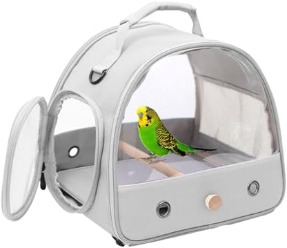 Bird Carrier, Portable Small Bird Parrot Parakeet Carrier with Standing Perch and Mat, Side Access Window Collapsible (Grey, Clear Windows)