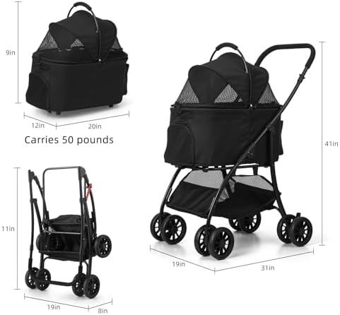 Pet Stroller Quickly Folds for Easy Storage Cat Stroller with Detachable Carrier Thickened Oxford Cloth Breathable Basket Dog Strollers for Small Dogs (Blue)