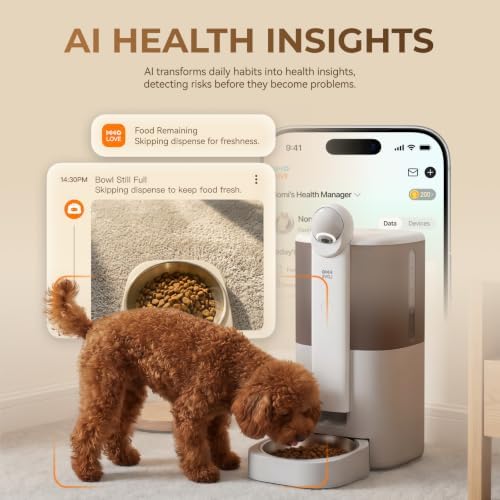 HHOLOVE Yuno AI Smart Automatic Cat Feeder with 2K 360° Camera Auto-Track, AI Health Insights, Two-Way Audio, Night Vision Camera, 2.4G&5G WiFi, Small Dog Feeder, 5L