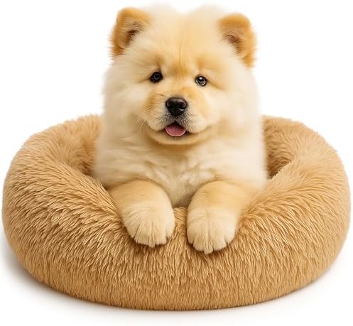 Calming Dog Bed - Fluffy Donut Cuddler for Anxiety Relief, Orthopedic Pet Bed with Non-Slip Bottom, Cozy Round Faux Fur Nest for Dogs and Cats, Plush Crate Mat for Comfort (Camel, Small +)