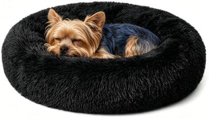 Calming Donut Dog and Cat Bed for Indoor Cats, Anti-Anxiety Round Fluffy Soft Washable Small Pet Bed for Puppy and Kitten, Warming Comfortable Luxury Anti-Slip Waterproof Mute Base 20in Black