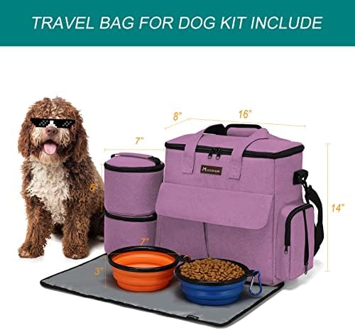 Modoker Weekend Dog Travel Bag Set with 2 Food Bags, 2 Bowls and Mat,Pink