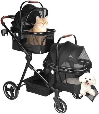 Foldable Double Pet Stroller for 2 Small Medium Cats Dogs