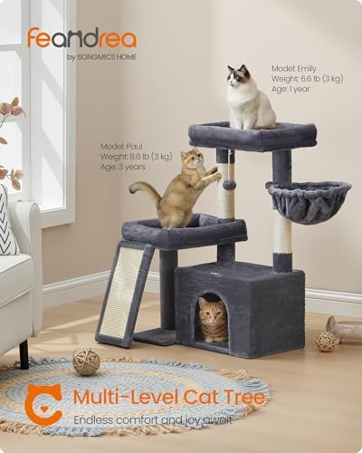 Feandrea Cat Tree, 33.8" Cat Tower, Scratching Posts and Ramp, Dark Gray