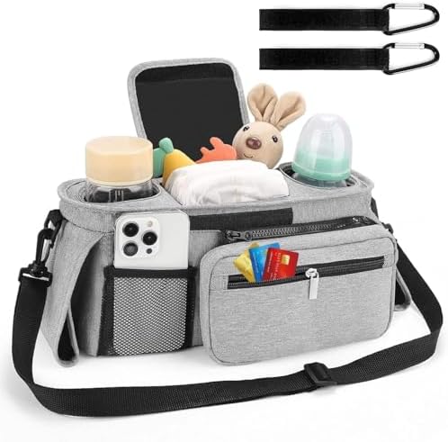 Universal Stroller Organizer with Insulated Cup Holder Detachable Phone Bag and Carry Strap Fits Uppababy, Baby Jogger, Britax, BOB, Umbrella and Pet Stroller and more (Light gray)