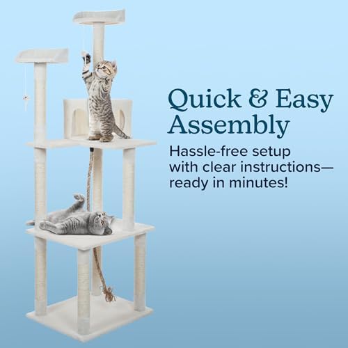 Cat Tree - 6-Foot Cat Tower for Indoor Cats with Napping Perches, Kitty Condo, 9 Cat Scratching Posts, 2 Hanging Toys, and Rope by PETMAKER (Ivory)