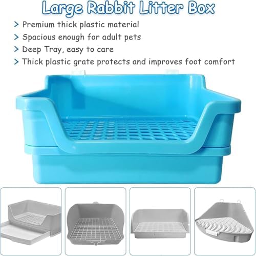 PINVNBY Extra Large Rabbit Litter Box Small Animal Potty Trainer Huge Bunny Litter Pan Plastic Pet Corner Toilet with Mash for Adult Guinea Pigs Chinchillas Ferrets (Blue)
