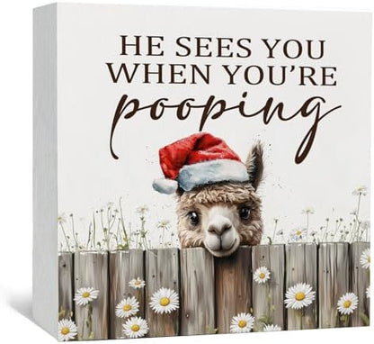 Christmas Alpaca Home Bathroom Decor Sign - Farmhouse Western Christmas Animal Bathroom Decor,Rustic Farm Animal He Sees You When You're Pooping Signs,Alpaca Gifts for Women