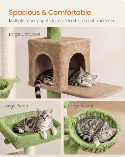 Feandrea Cat Tree, 68.5-in Tall Cat Tower, Multi-Level Condo, Green