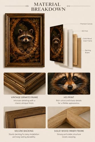 Framed VintageStyle Wall Art Rustic Forest Animal Cute Raccoon Canvas Print Poster Farmhouse style artwork suitable for bedroom or living room 8x10 inches designed for hanging or tabletop display