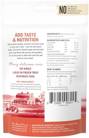The Honest Kitchen Instant Beef Bone Broth for Dogs & Cats with Turmeric, Human Grade Pet Food, Hydration Supplement, Digestive & Joint Support, Meal Topper, Treat or Enrichment, 6.5 oz Makes 115 oz