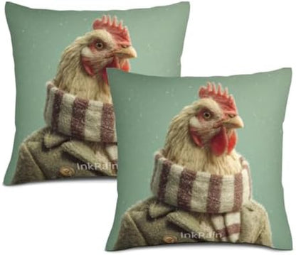 InkRain Winter Animal Cute Chicken Pillow Cover 12x12 Inch Set of 2 Home Decor Decorative Cotton Linen Illustration Pillowcases for Living Room House Sofa