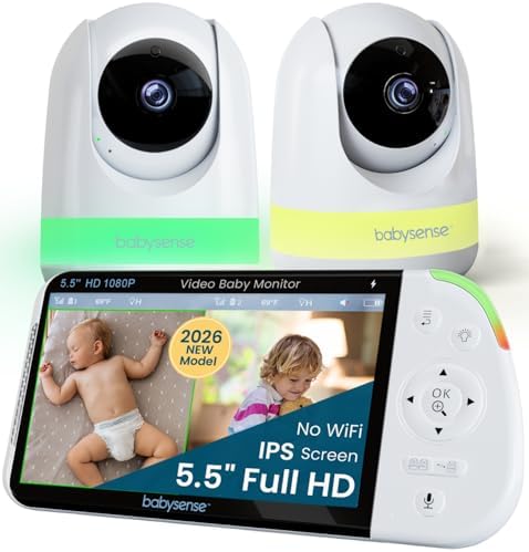 Babysense PRO Full HD 5.5" Split Screen Baby Monitor with 2 Cameras, 6-Color Night Light, White Noise, Sound & Light Machine, 20-Hour Battery, Hack-Proof Non-WiFi Secure Connection