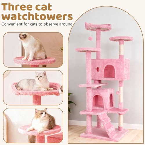 BestOffice 54 Inch Cat Tree, Multi-Level Cat Tower with Condo, Perches, Sisal Scratching Posts, Climbing Ladder,Indoor Activity Center Play House for Kittens & Adult Cats, Pink