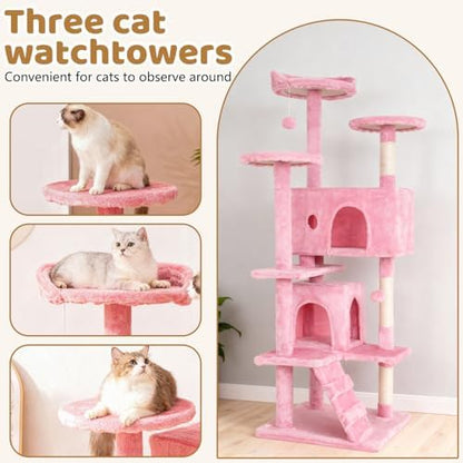 BestOffice 54 Inch Cat Tree, Multi-Level Cat Tower with Condo, Perches, Sisal Scratching Posts, Climbing Ladder,Indoor Activity Center Play House for Kittens & Adult Cats, Pink