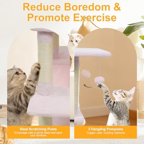 DORTALA Cat Tree for Indoor Cats, 58" Tall Cat Tower with Top Perch, Condo, Hammock, Sisal Scratching Posts, 3 Dangling Balls, Platforms, Multi-Level Pet Climbing Furniture Playground (Pink)