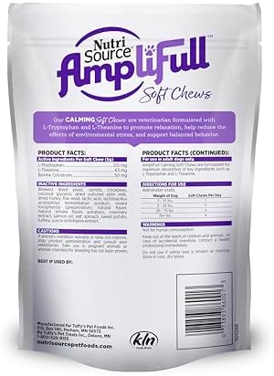 NutriSource AmpliFull Turkey Flavor Calming Dog Soft Chews, Daily Anxiety & Stress Relief Supplement for Dogs, High Absorption for Relaxation, 70 Chews (1 Pack)