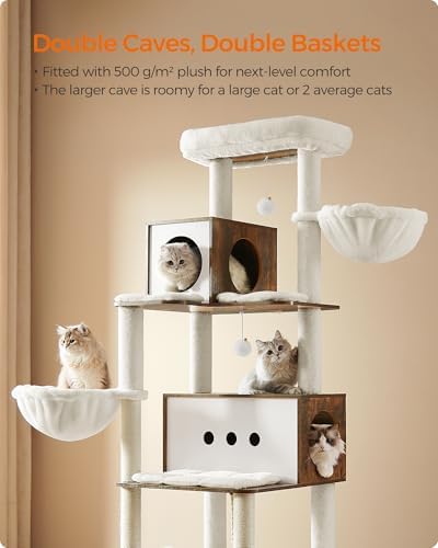 Feandrea Cat Tree, 75.6-Inch Multi-Level Condo with 2 Caves, 2 Hammocks