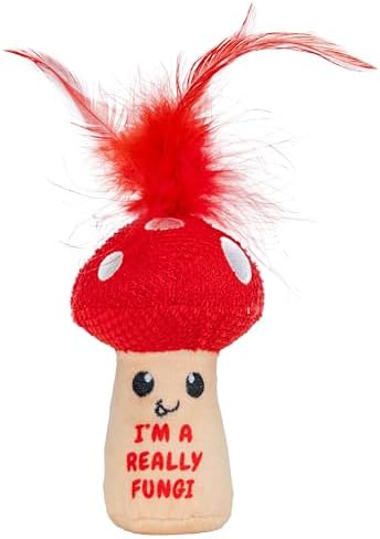 Catstages A Really Fungi Cat Kicker Toy with Catnip and Dental Mesh, Mushroom Shape, Plush and Feather Cat Toy for Kicking, Tossing, and Teeth Cleaning, Red