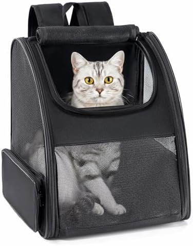 Conlun Cat Backpack Carrier for Small Dogs and Cats Fit Up to 15 Lbs,Small Dog Backpack, Foldable with 3-Side Mesh Windows, Pet Carrier for Travel & Hiking Friendly，Black