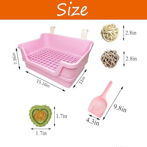 PINVNBY Large Rabbit Litter Box Deep Bunny Corner Toilet Box Double-Deck Small Animal Potty Trainer with Hooks for Adult Guinea Pig Chinchilla Ferret Chipmunk (Pink)