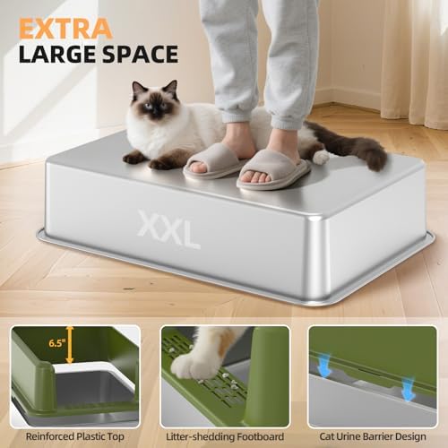 Stainless Steel Cat Litter Box, XXL High Sided Open Top Litter Pan, 1 Scoop