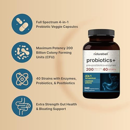 NatureBell Probiotics 200 Billion CFU Per Serving, 40 Strains, 240 Capsules