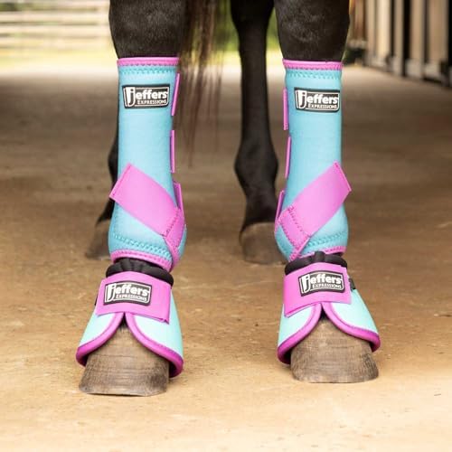 Jeffers Expression Neon Protective Horse Boots, 1 Pair, Turquoise & Purple – Breathable Neoprene, Secure Straps Closures – Durable Protection for Front & Hind Legs, Trail & Riding Use - Medium