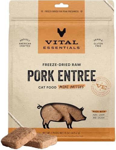 Vital Essentials Freeze Dried Cat Food, Pork Mini Patties, 15 oz Bag