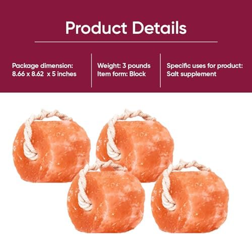 Himalayan Mineral Salt Block on Rope Pack of 4 (3lbs each) – 100% Organic Pink Salt Lick for Horses and Livestock. Deer Attractant with No Harmful Elements.