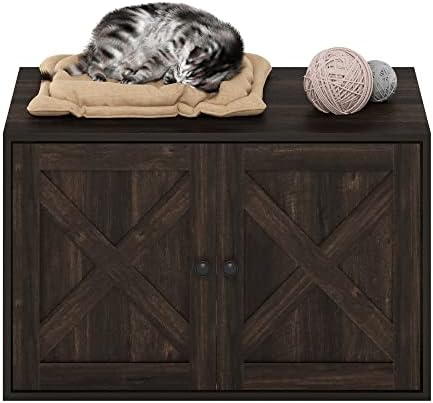 Furinno PELI Cat Litter Box Enclosure, Farmhouse Hidden Litter Box Furniture with Side Entrance, Wooden Pet House with Slatted Door, Easy Assembly, for Living Room, Ebony
