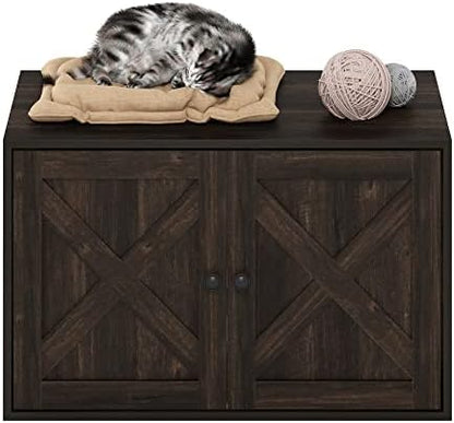 Furinno PELI Cat Litter Box Enclosure, Farmhouse Hidden Litter Box Furniture with Side Entrance, Wooden Pet House with Slatted Door, Easy Assembly, for Living Room, Ebony