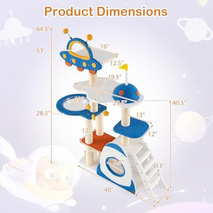 PETSITE 64.5 Inch Space-Themed Cat Tree, Multi-Level Cat Tower with Sisal Scratching Posts, UFO-Shaped Top Perch, Climbing Ladder, Hanging Star-Shaped Jingling Toys, Cute Cat Tree for Indoor Cats