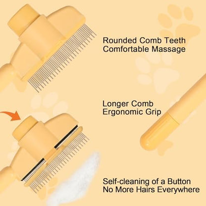Dogs and Cats Comb with Release Button, Pet Hair Removal Tools with Safe Stainless Steel Teeth for Deshedding, Cat Grooming Supplies for Long/Short Hair, Cat Brush for Shedding, Orange
