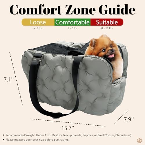 Dog Purse Carrier for Small Dog Cats, Soft Quilted Puppy Carrier Soft-Sided Carriers Bag, Luxury Stylish Small Dog Cat Travel Tote for Pets Up to 11 lbs (Grey, 15.7" L x 7.9" W x 7.1" H)