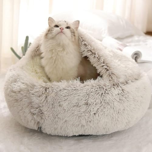 Round Fluffy Hooded Cat Bed Cave, Anti-Anxiety Cave Bed with Blanket